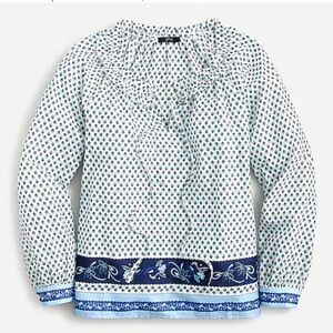 J. Crew Tie-front ruffle top blue ribbon block print organic cotton Small AW393